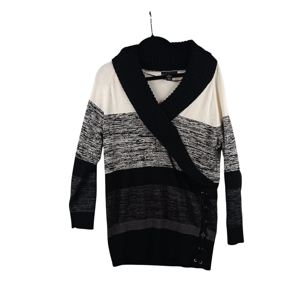 Style & Co Womens Sweater XL Black White Striped Shawl Collar Lace Up Detail